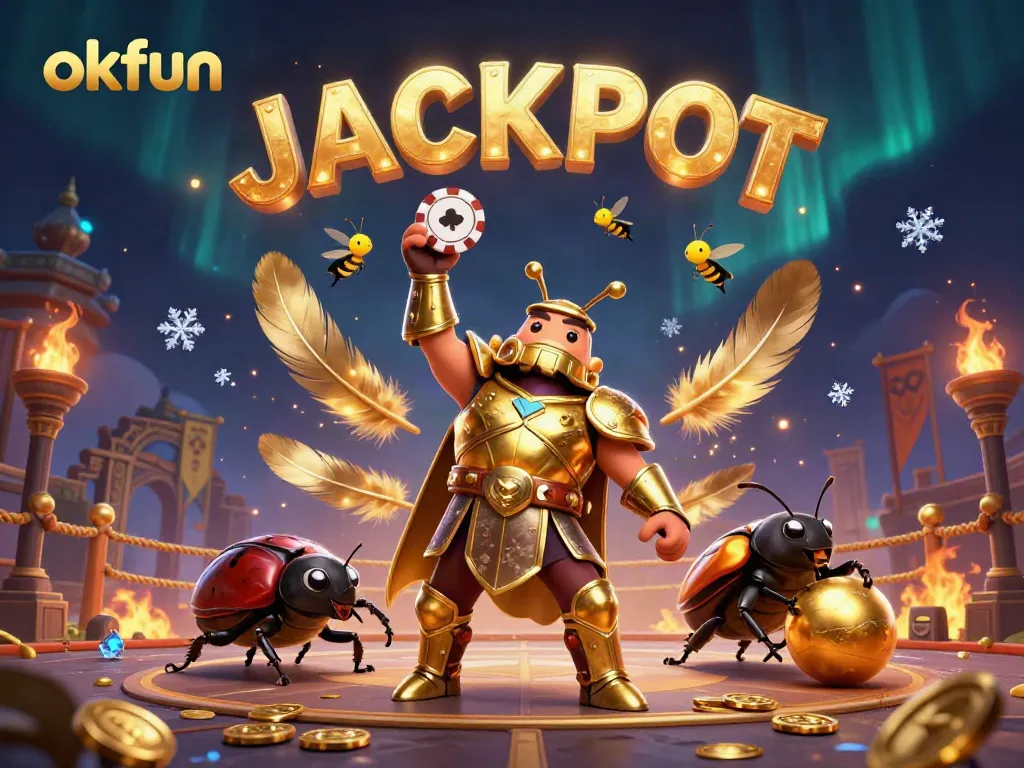 Engage with high-stakes action at okfun, featuring a triumphant beetle avatar celebrating a casino jackpot.