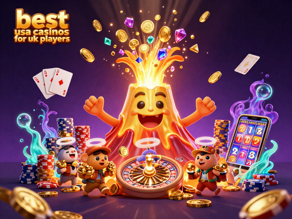 Experience the thrill at the best USA casinos for UK players, featuring a vibrant scene of treasure, roulette, and slots.