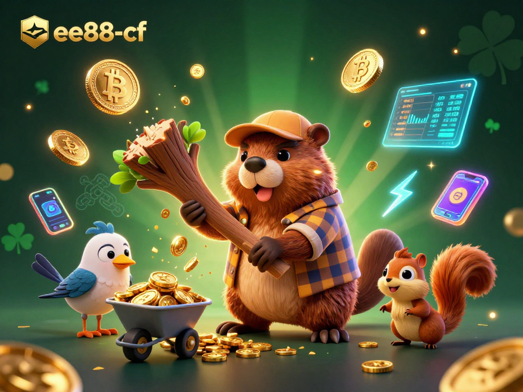 Engage with ee88-cf's vibrant casino world through cartoon characters collecting coins and crypto elements.