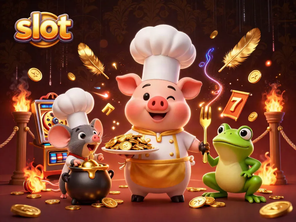 Slot jackpot dengan koki babi dan tikus di pot emas, suasana kasino yang menawan.