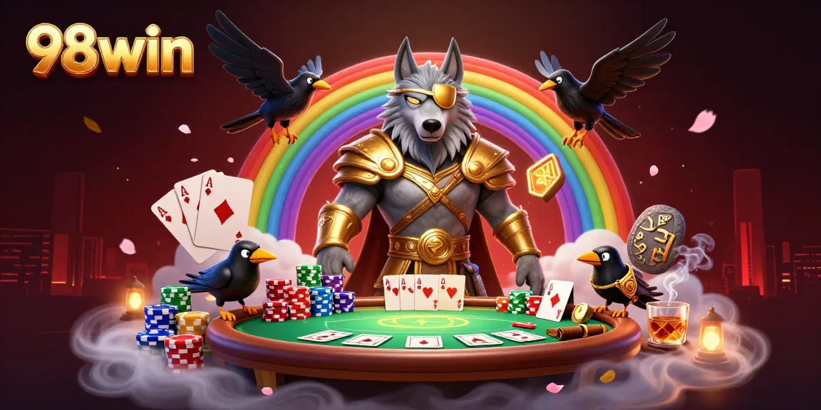 Experience the thrill of poker and casino magic at 98win with a vibrant scene featuring Odin and mythical elements.