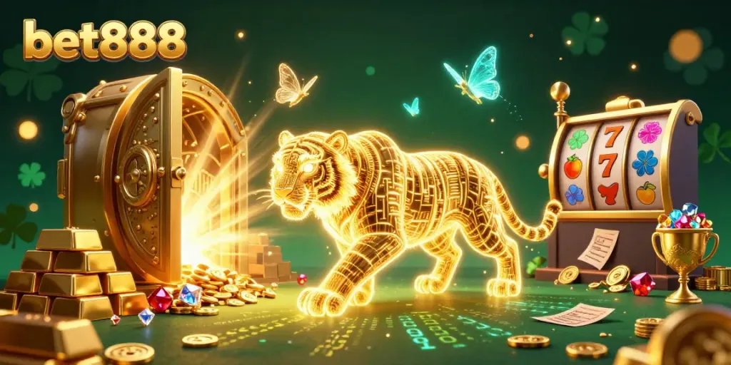Experience exciting action with bet888's vibrant gaming scene featuring dazzling treasures and neon characters.