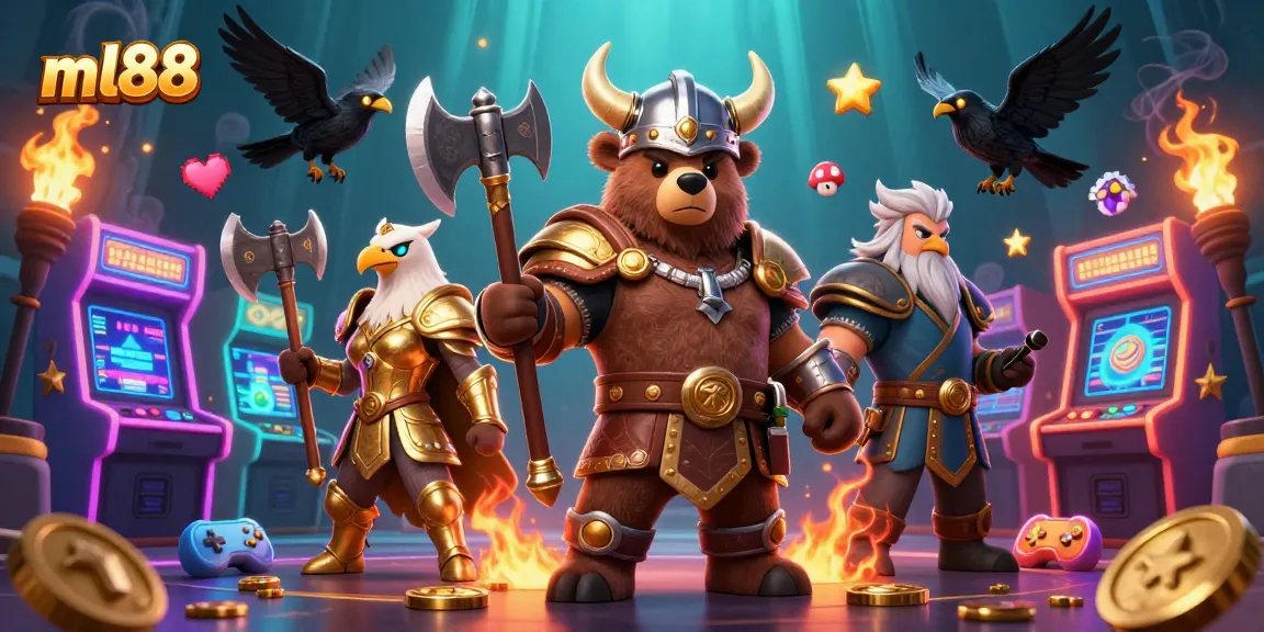 Play and win at ml88, featuring a Viking bear and Valkyrie in a vibrant casino scene.