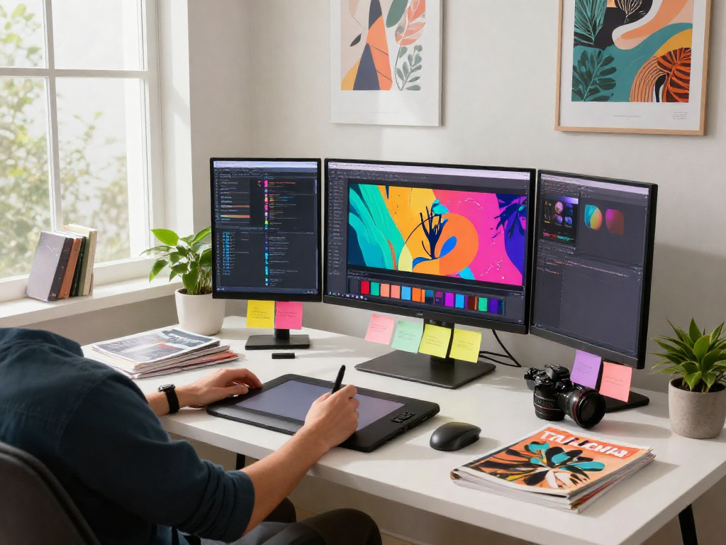 Dynamic workspace focusing on nsfw digital content creation with vibrant screens and artistic elements.