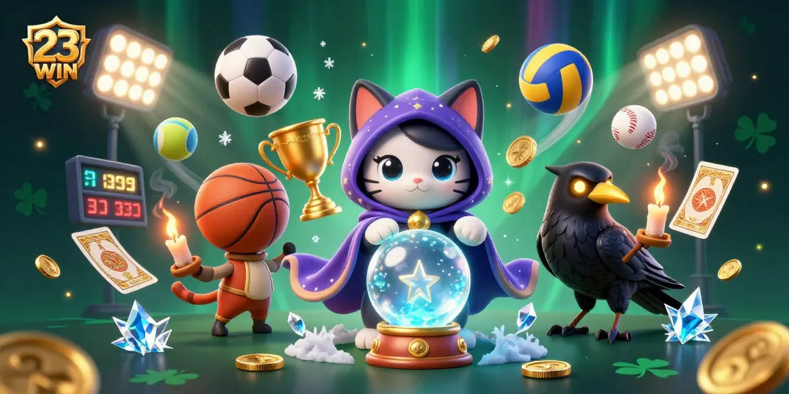 Experience thrilling moments with 23WIN as a mystical cat and raven engage in dynamic sports betting.