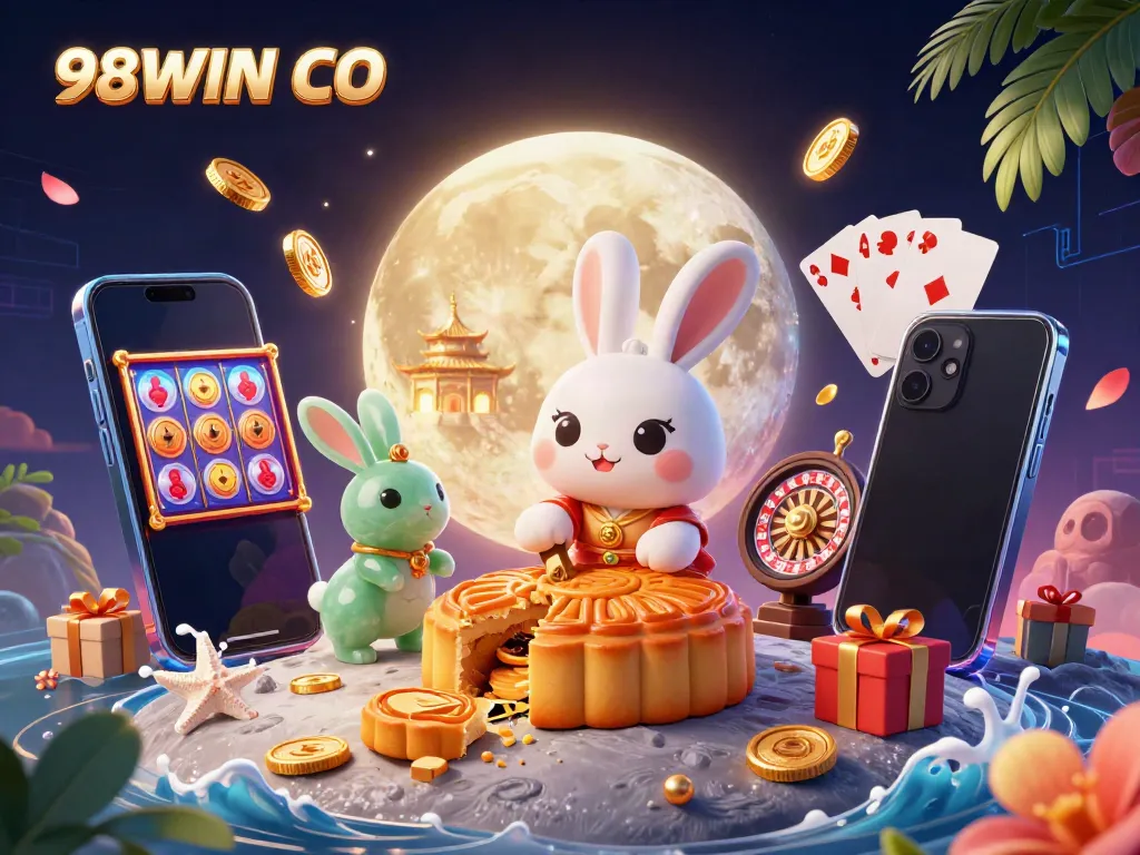 Experience gaming with 98WIN CO featuring the moon rabbit and vibrant casino elements.