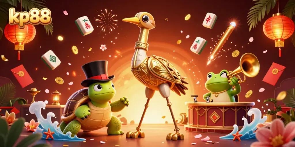 Engage in thrilling gambling at kp88 with a vibrant scene featuring a cartoon crane, turtle, and frog.