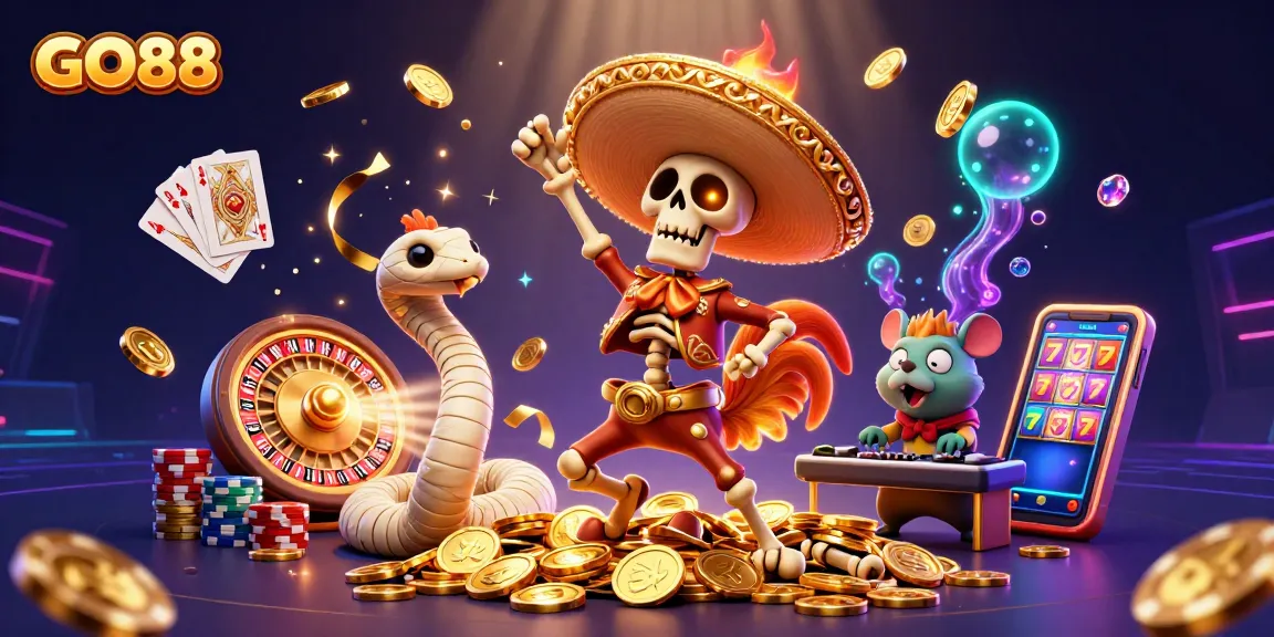 GO88 casino scene with a flaming skeleton rooster celebrating among golden coins and vibrant game elements.