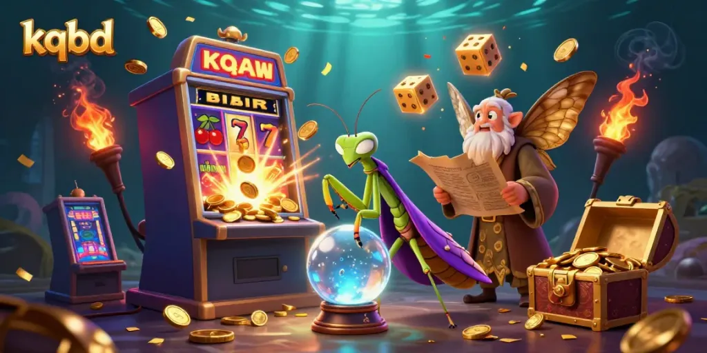 Engage with kqbd through a vibrant 3D illustration featuring a fortune teller and librarian amidst dynamic casino elements.