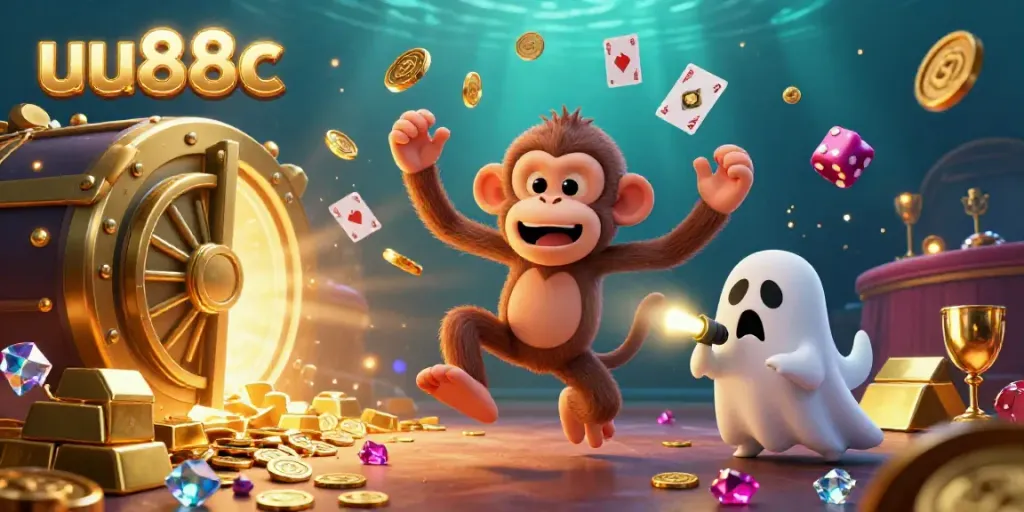 Witness the excitement at uu88c casino with a playful monkey juggling glittering treasures.