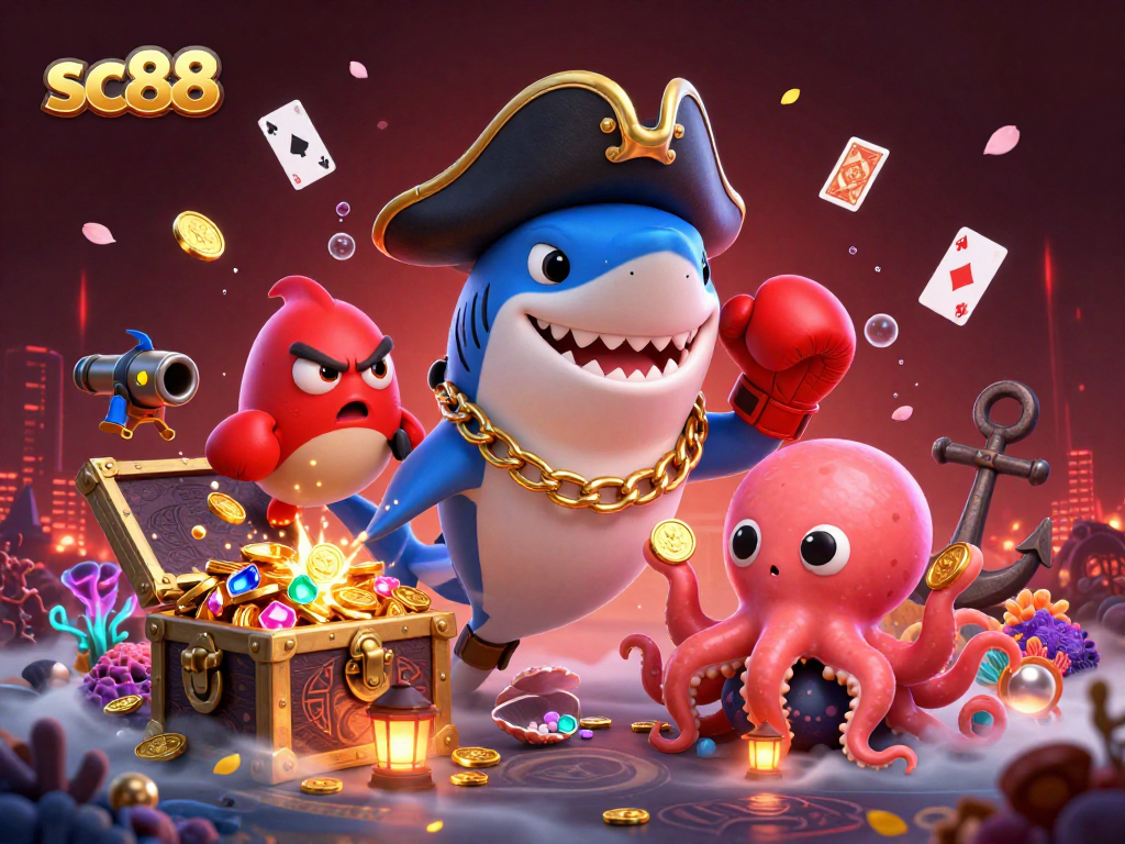 Engage with SC88 action as a pirate shark and friends dive into an exciting treasure-filled casino adventure.