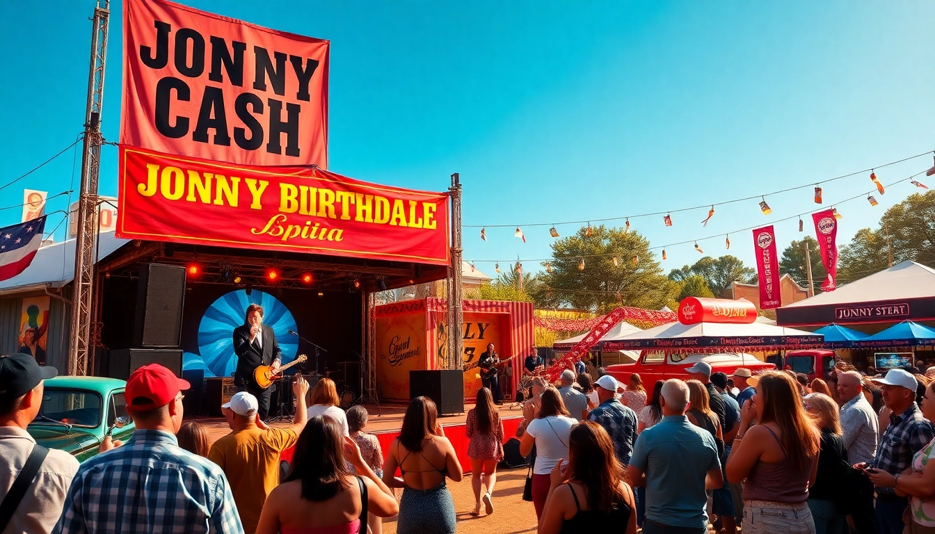 Fans celebrating at the Johnny Cash birthday bash at johnnycashbirthday.com, with live music and vintage decor.