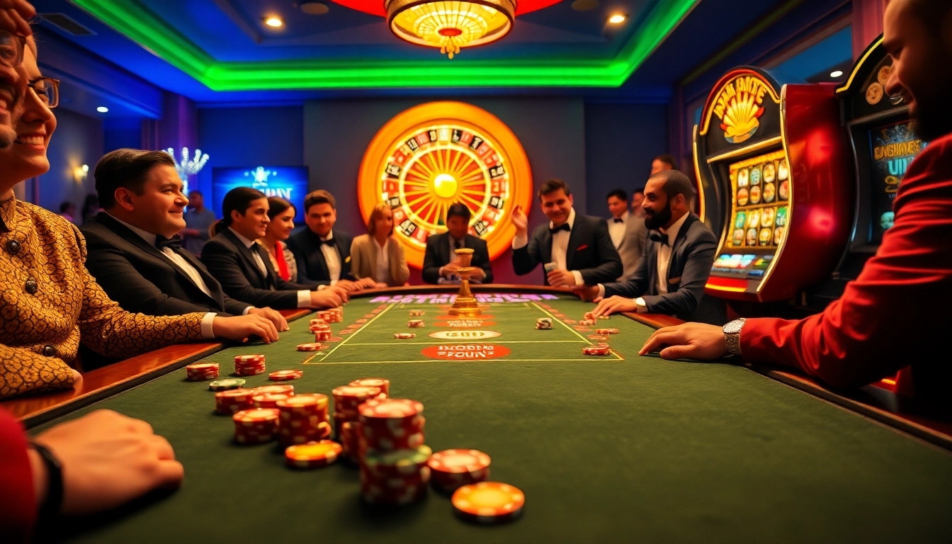 Kuwin players celebrating a win at a luxurious casino table with colorful poker chips.