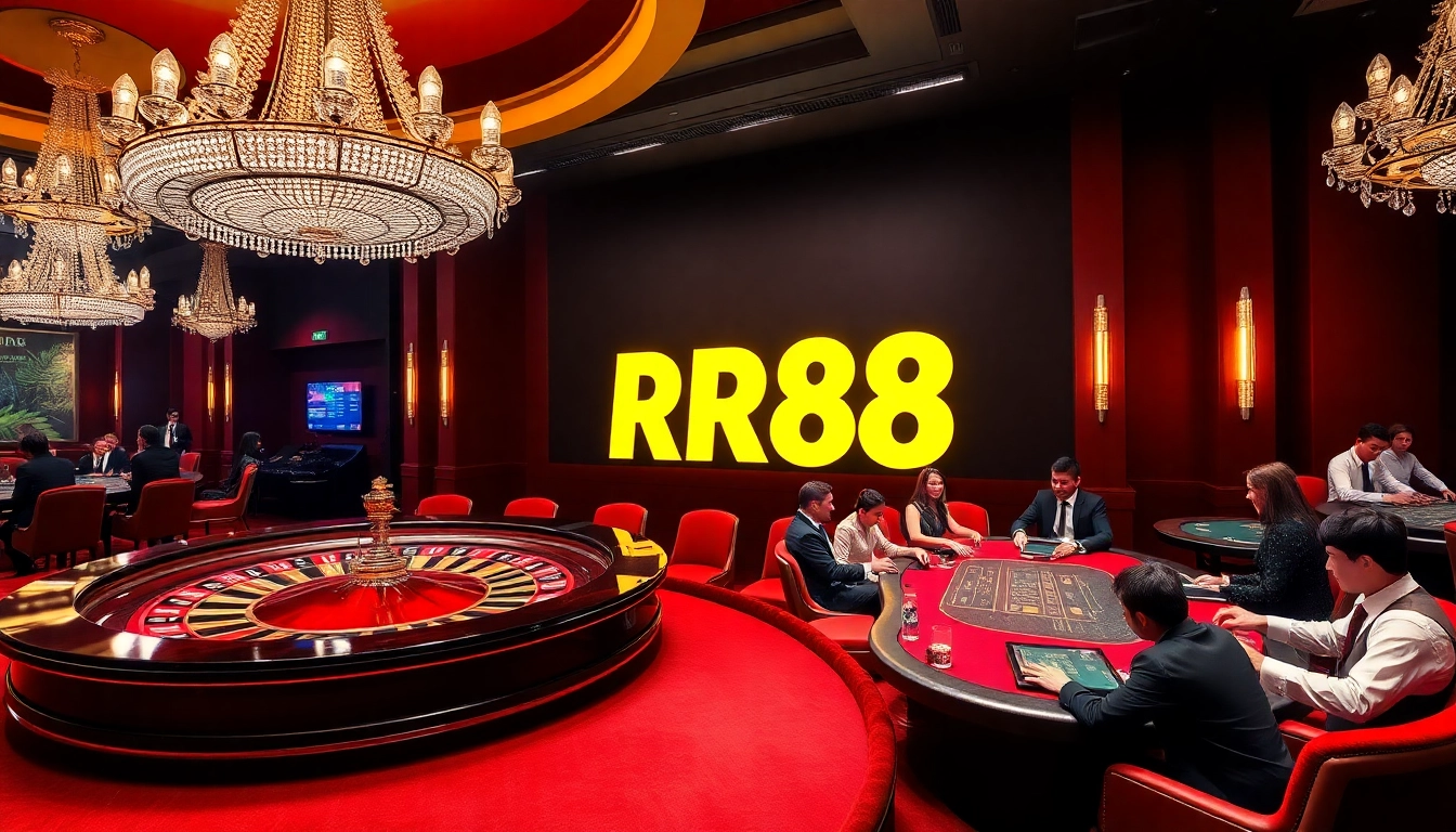 Players enjoying the thrilling RR88 game at a luxurious casino with poker tables and roulette.