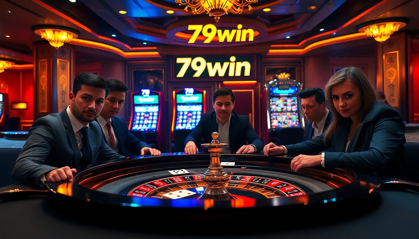 Intense players enjoying a roulette game at 79win casino, immersed in excitement and luxury.