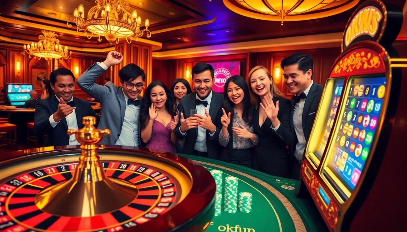Gamblers enjoying a vibrant casino atmosphere, showcasing the app okfun and thrilling betting activities.