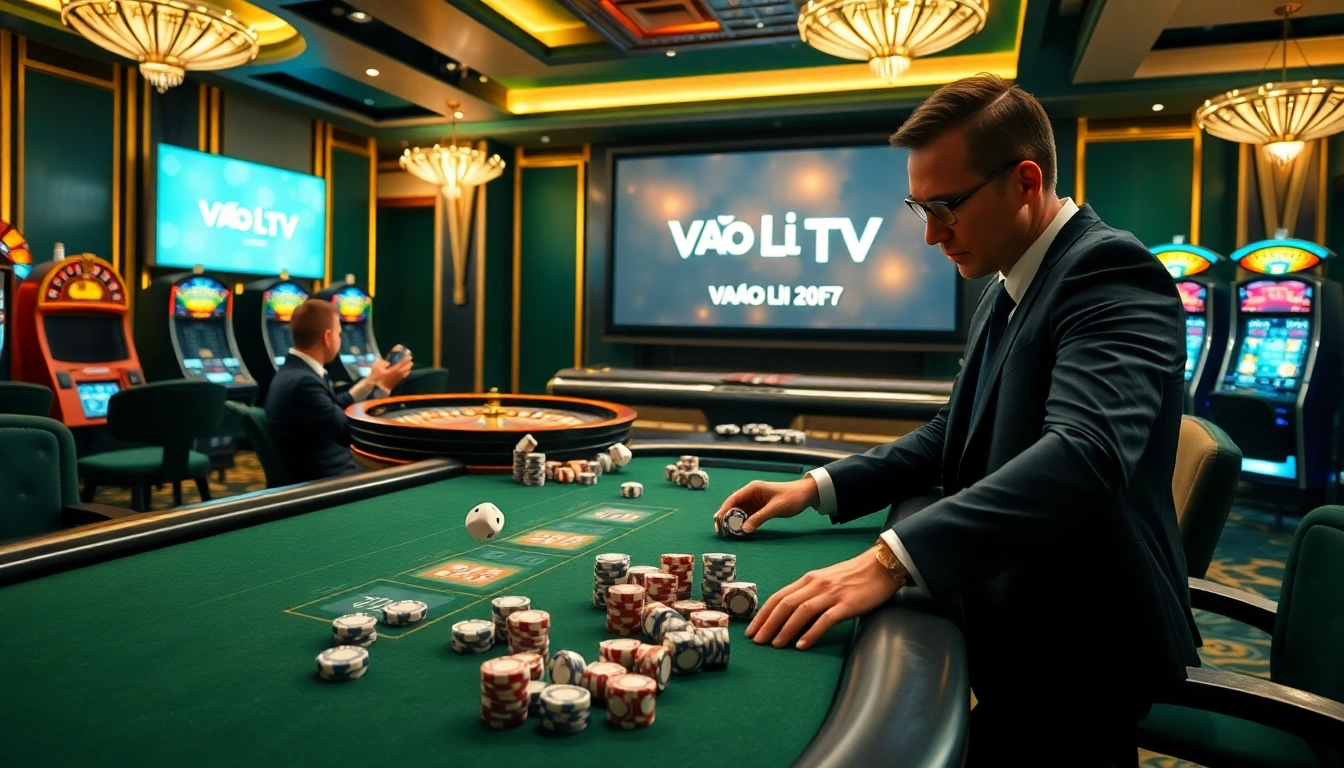 Engaging poker game at a casino with Vào Lưới TV branding, showcasing luxury and excitement.
