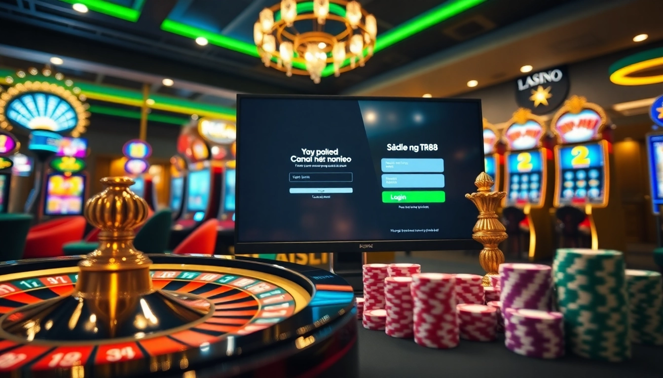 Ease of đăng nhập TR88 shown on a professional casino interface with poker chips and roulette wheel.