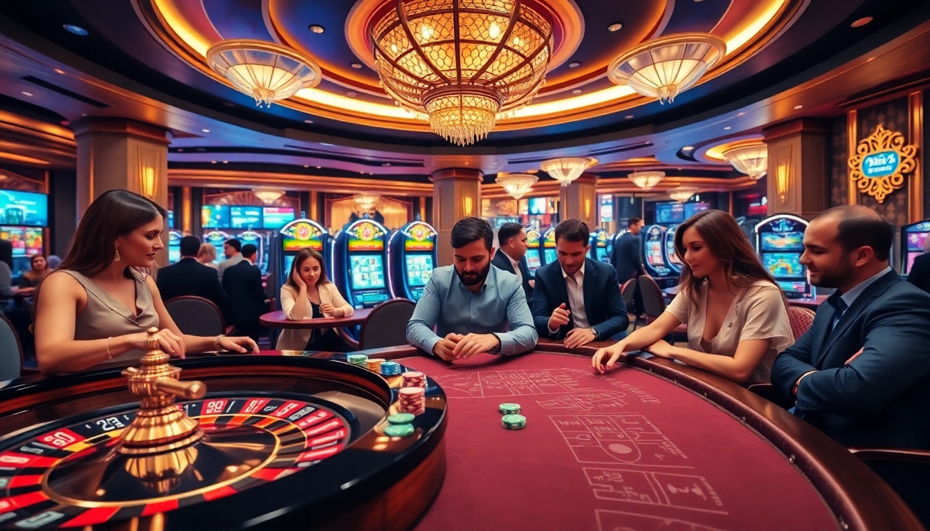 Players enjoying top casino games at https://s8s8.org/ with vibrant slot machines and roulette wheels.