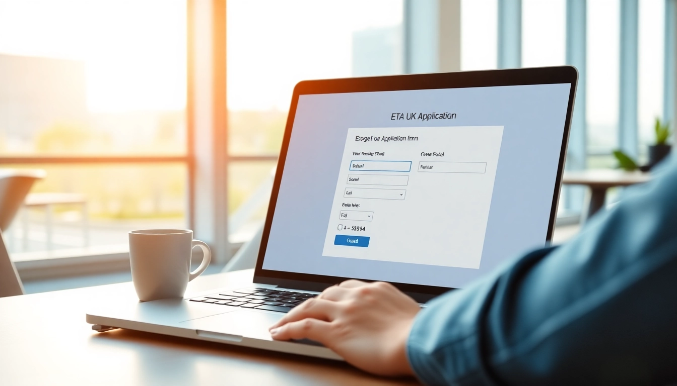 Interact with the eta uk application form displayed on a laptop in a bright office environment.