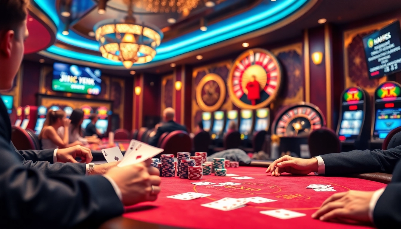 Players enjoy a thrilling poker game at JBO casino, showcasing vibrant chips and dynamic roulette.