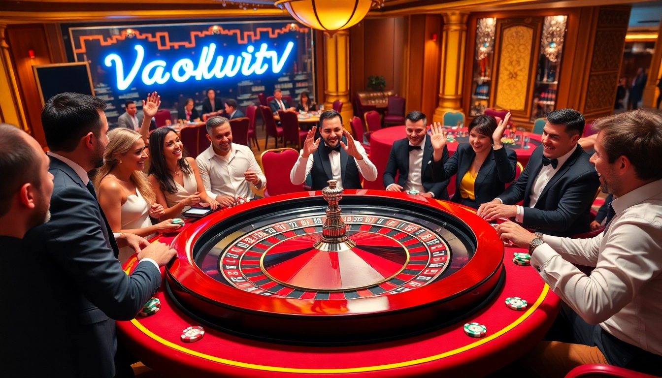Excited players experiencing rich gameplay at Vaoluoitv casino, showcasing vibrant roulette action and dramatic wins.