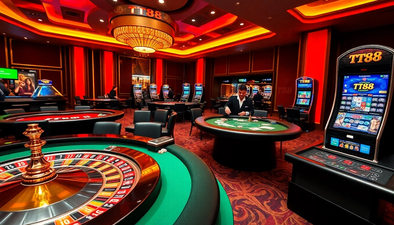 Experience the excitement of TT88 casino with a vibrant roulette table, poker action, and thrilling slot games.