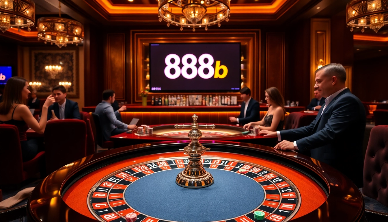 Engaging guests at a high-stakes table in an elegant casino environment promoting 888b excitement.