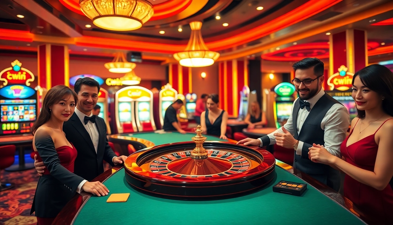 Cwin branded casino scene with players engaging at a roulette wheel and vibrant slot machines.
