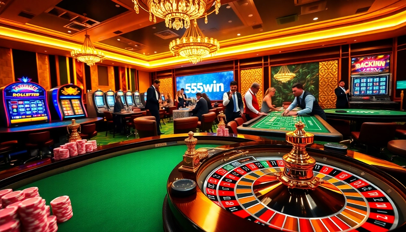 Players celebrating their wins at 555win's vibrant casino scene featuring roulette and slot machines.