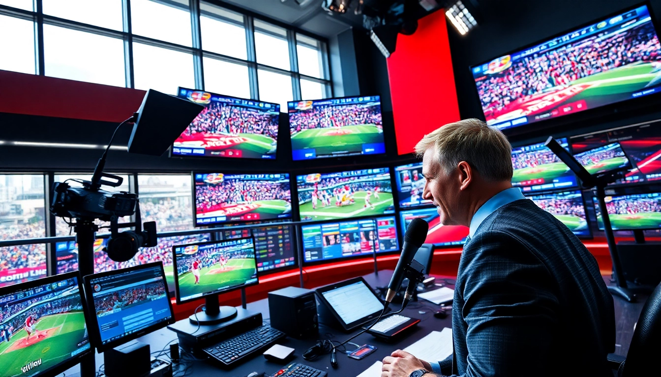 Sports Broadcasting setup with announcer, modern equipment, and vibrant sports graphics.