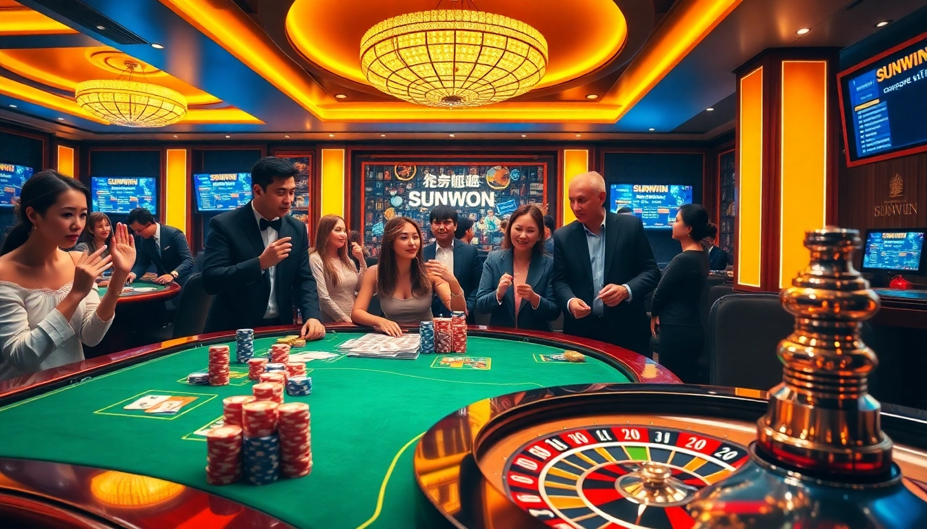 Gamblers engaging in a thrilling game at SUNWIN.COM's luxurious casino table, showcasing excitement and strategy.
