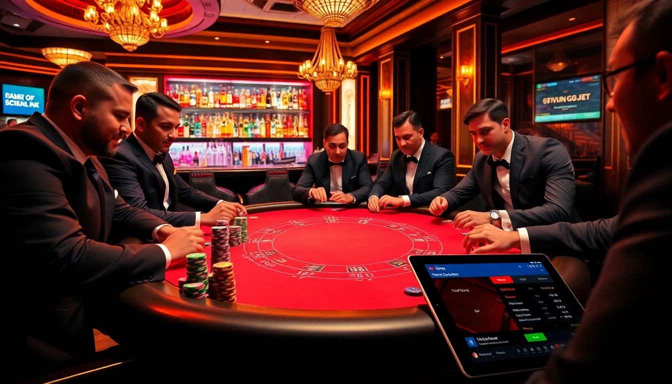 High-stakes poker players at a luxurious table enjoying an exciting game experience through 69vn.gb.net.