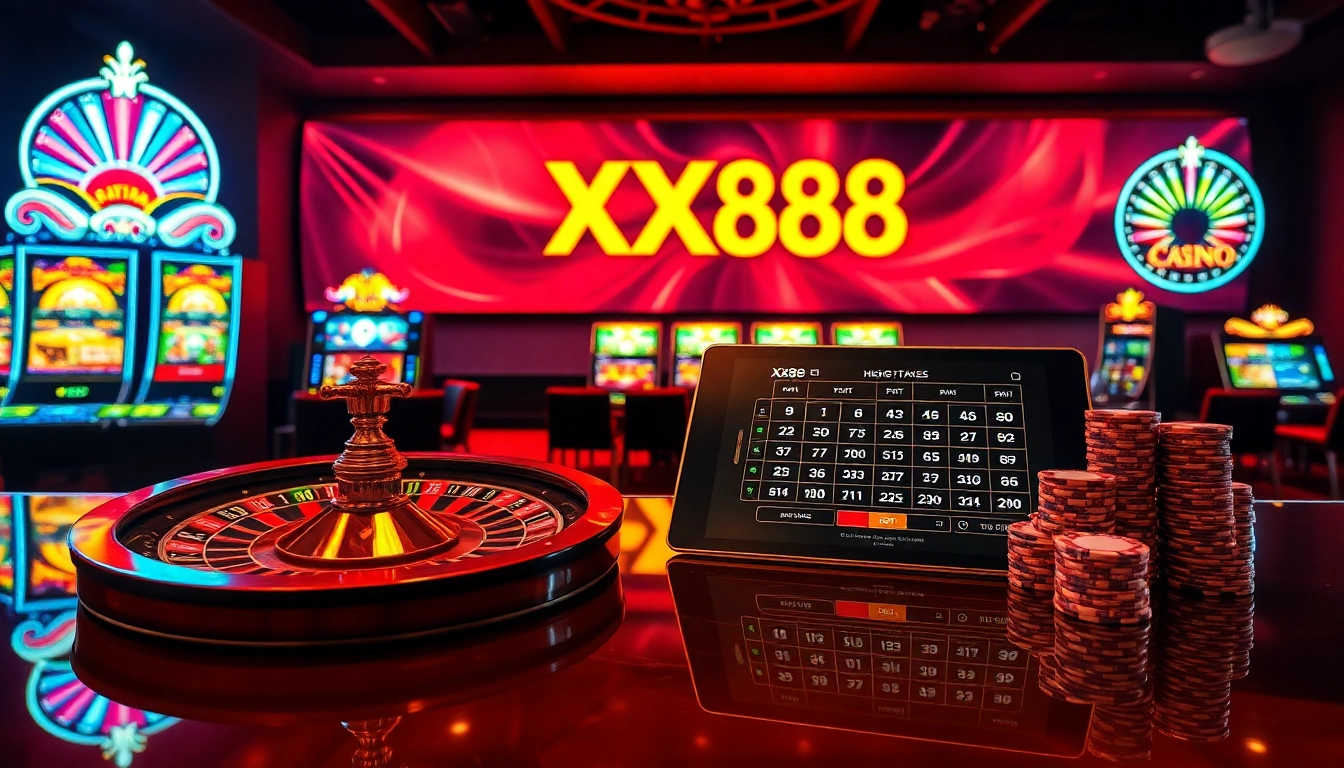 Engaging XX88 casino scene showcasing thrilling slot machines and poker chips.