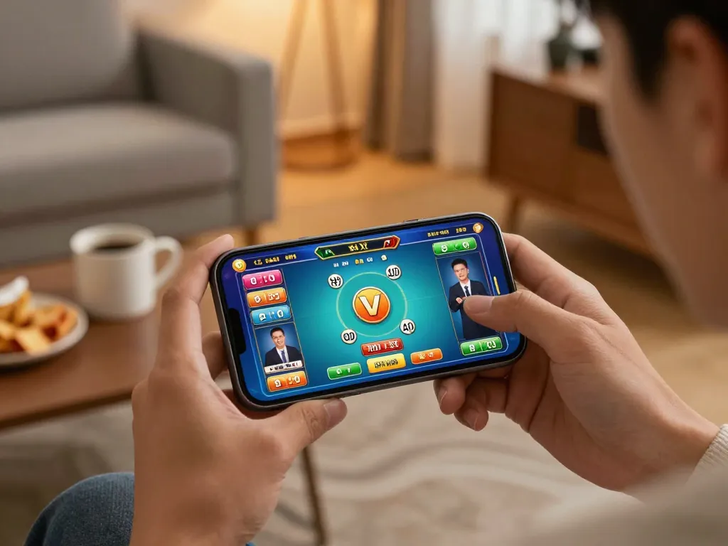 Engaging in tài xỉu online gameplay using a smartphone in a cozy living room setting
