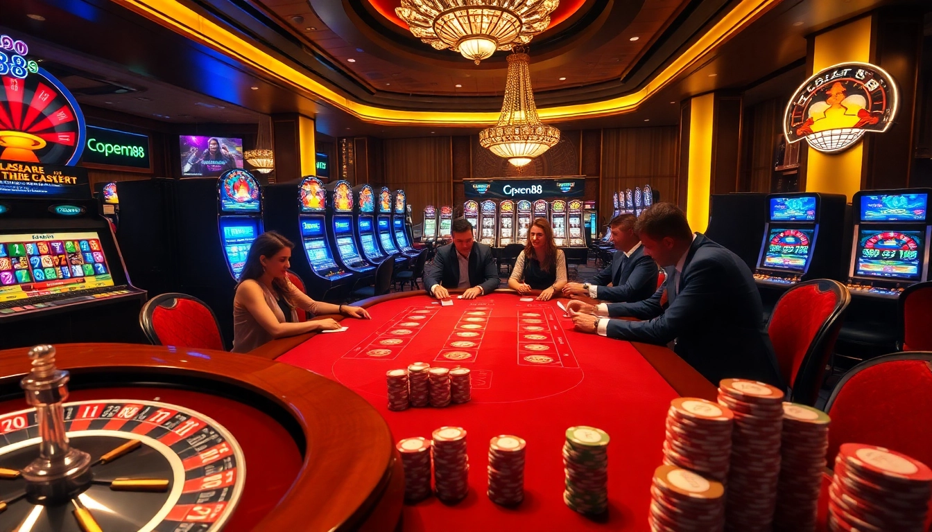 Players strategizing their bets at an open88 poker table amidst vibrant casino excitement.