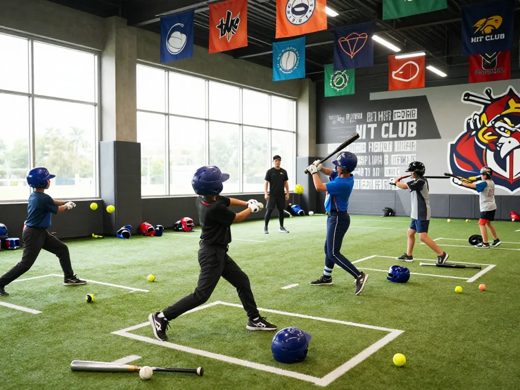 Hitclub baseball training session with young athletes swinging bats in batting cages.