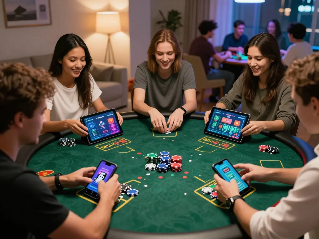Engaged players enjoying online poker through rikvip in a lively digital gaming atmosphere.