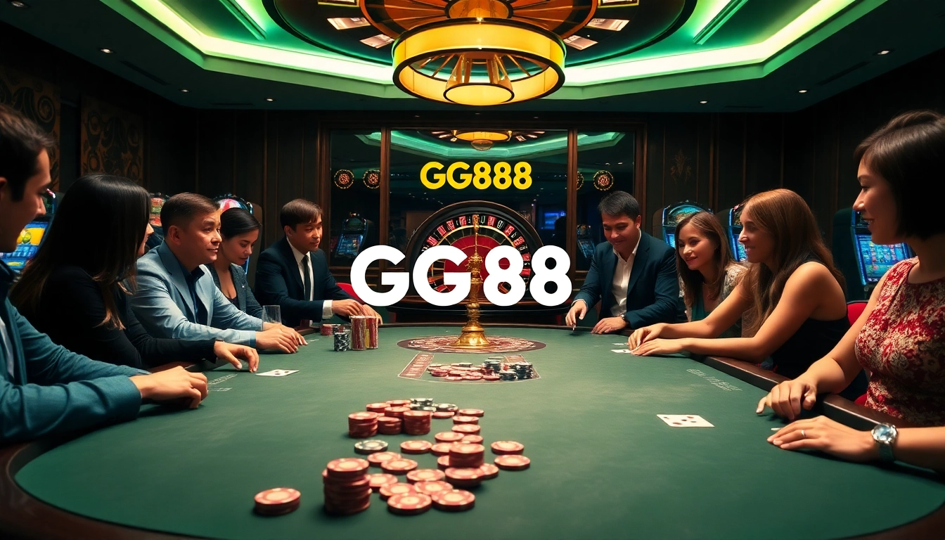 Players enjoying a high-stakes poker game at GG88 casino, with vibrant casino elements.