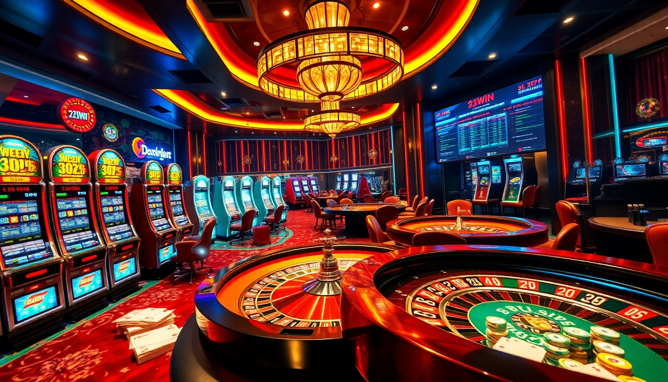 Players reveling in the excitement of 23win gaming experience with vibrant casino visuals and thrilling action.