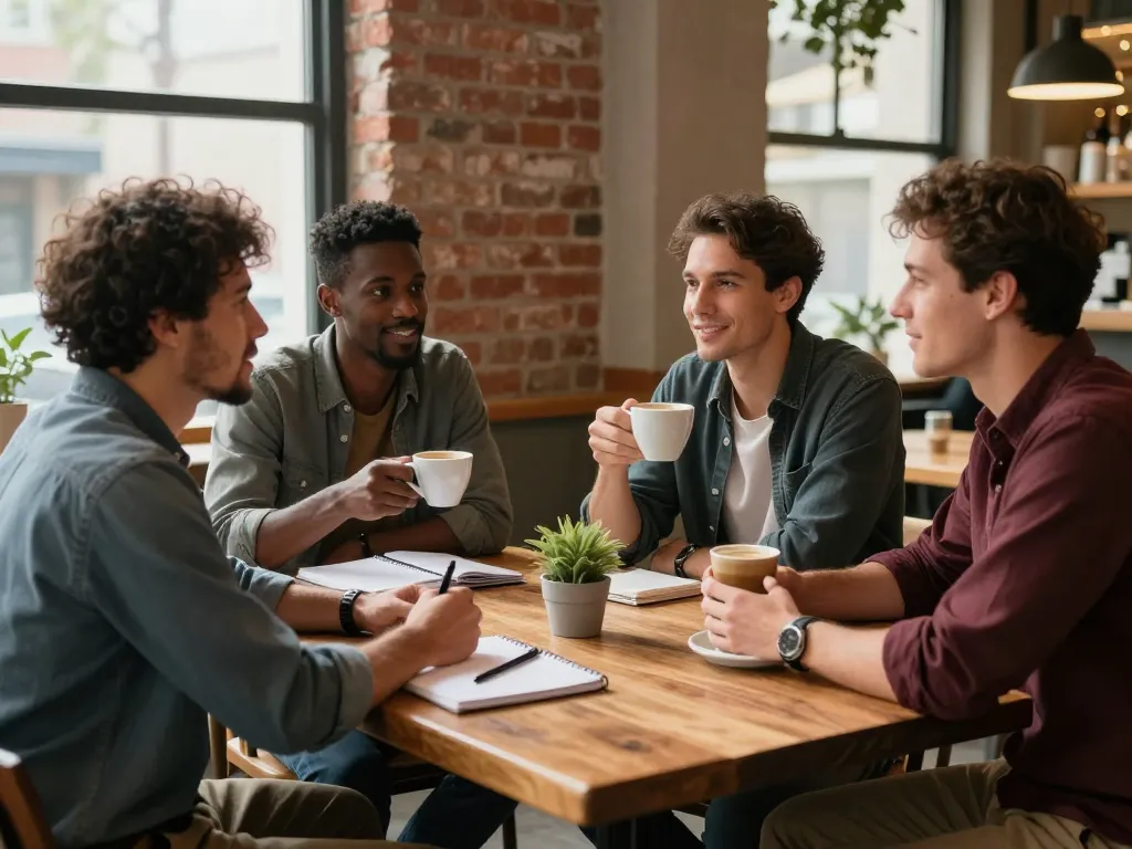 Men's community gathering at café promoting manclub support and camaraderie.