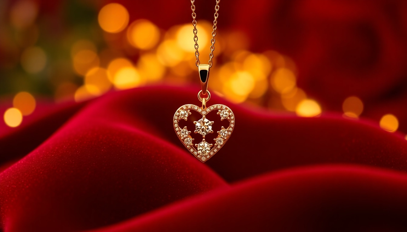 Showcase of Valentine’s gold and diamond jewellery UK highlighting a heart pendant with diamonds.