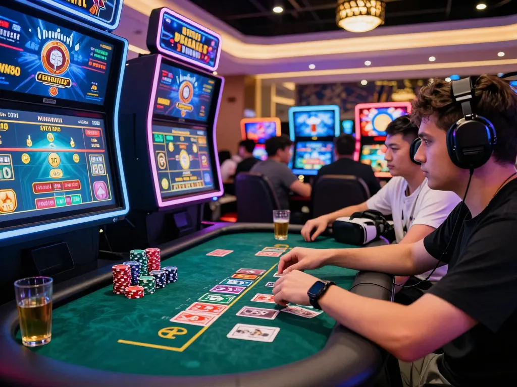 Engaging online gaming experience at gem88 showcasing vibrant casino action, player immersed in game with high-tech interface.