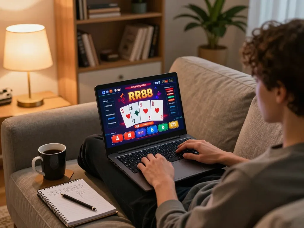 Player engaging with RR88 online casino on a laptop at home, showcasing vibrant interface.