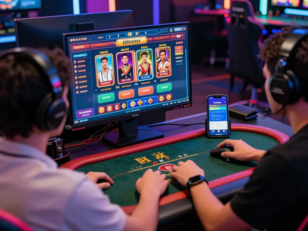 Dynamic gambling scene featuring a player engaging with nhà cái uy tín and vibrant casino games.