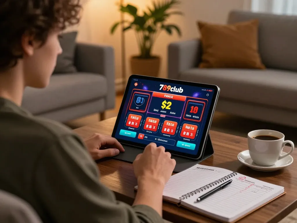 Gambler using 789club on tablet at home, showcasing a strategic gaming environment.