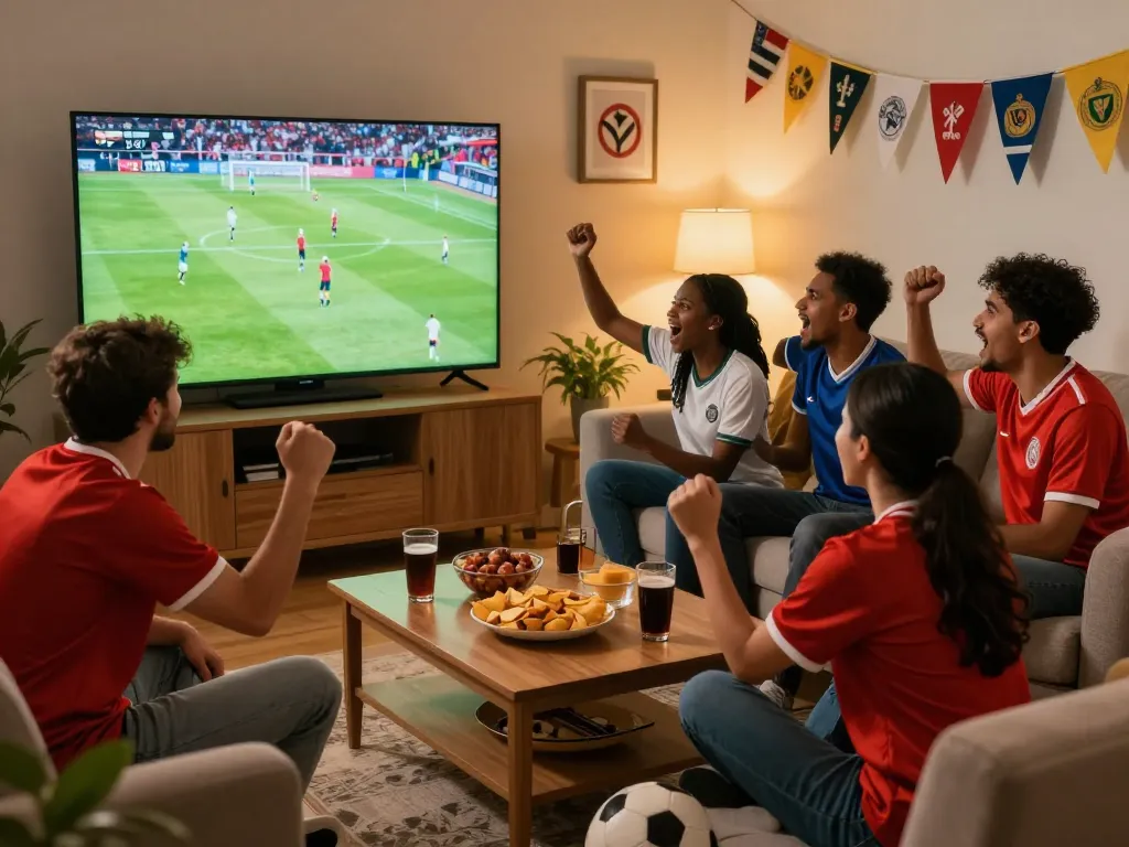 Okwintv viewers enjoying a thrilling live football match in a lively home setting with team jerseys and snacks