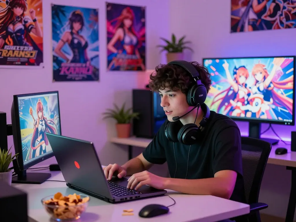 Engaged gamer playing a porn game in a modern home office.