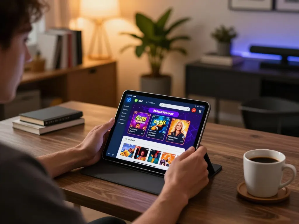 Player accessing Net88 casino app on tablet in a modern home setting, showcasing responsible gambling