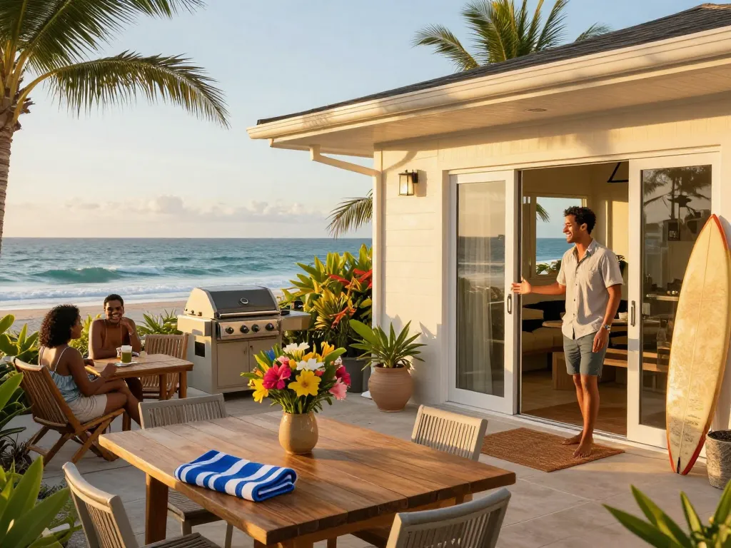 airbnb management gold coast host welcoming guests at beachfront property